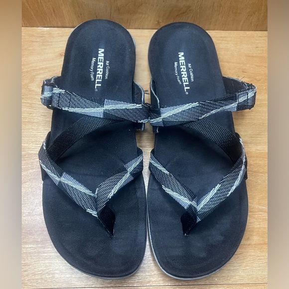 Merrell Shoes - MERRELL District Mendi Women’s 8.5 Black White Strappy Comfort Flip Flop Sandals